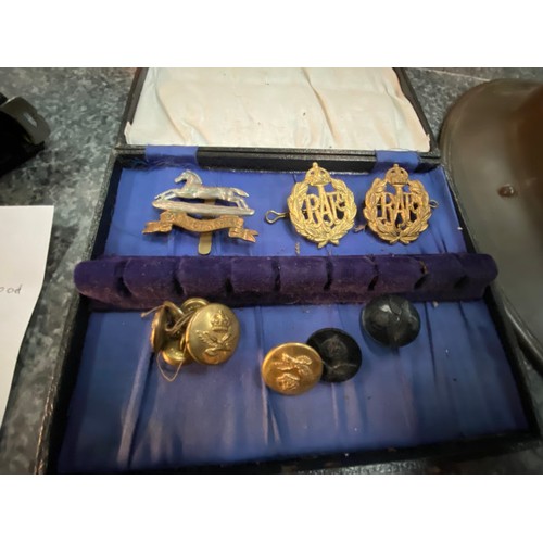 246 - Vintage NFS helmet & collection of RAF cap badges & buttons etc.