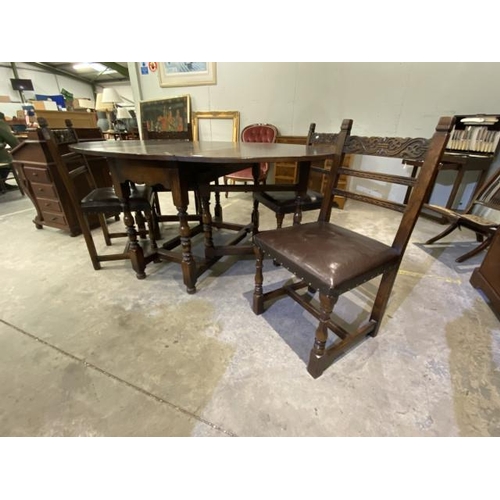 104 - Good quality oak drop leaf table (75H 169W 121D cm) & 4 carved oak leather seated chairs