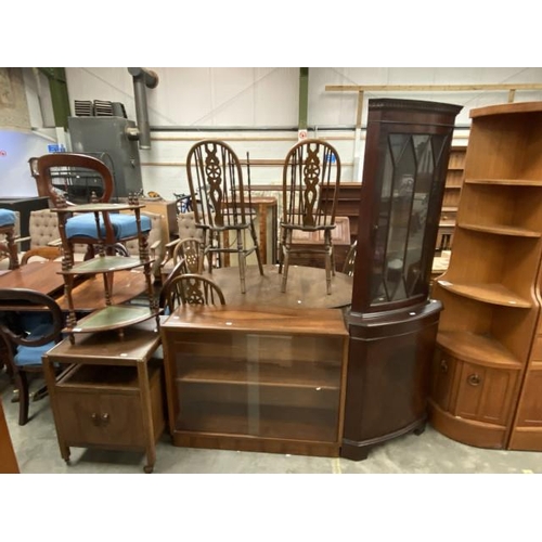 126 - Mid-century teak glazed bookcase (78H 95W 28D cm), oak trolley, wot-not (74H 46W 35D cm) & mahogany ... 