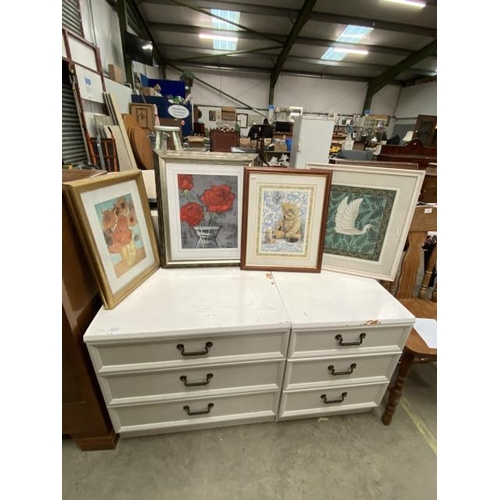 138 - 2 G Plan white painted 3 drawer chests (64H 70W 46D & 64H 51W 46D cm) & 4 assorted framed pictures &... 