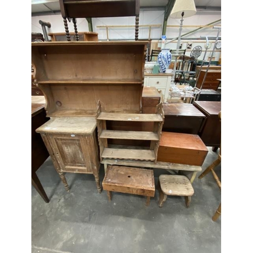 179 - Pine wall shelf (52H 81W 15D cm), 2 pine stools, stripped mahogany pot cupboard (76H 40W 38D cm) etc