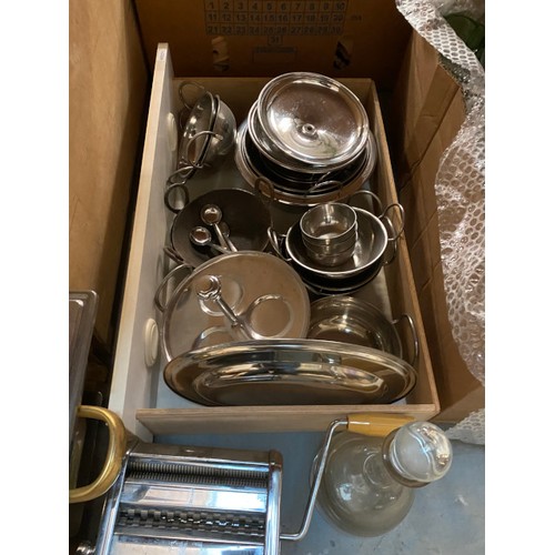 495 - Stainless steel lidded food warmer, pasta maker, glass decanter with stopper, selection of stainless... 