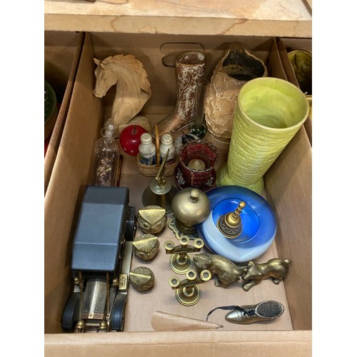 458 - 7 Mixed boxes of vintage glass & ceramics inc. Vaseline glass, Carlton ware, Wedgwood, Sylvac, Burle... 