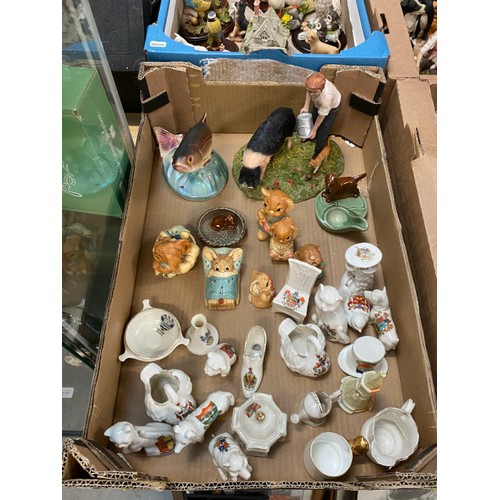 463 - 4 Boxes containing crested ware, Beswick Toby jugs, Walt Disney figurines, Pendelfin, Wade, Border F... 