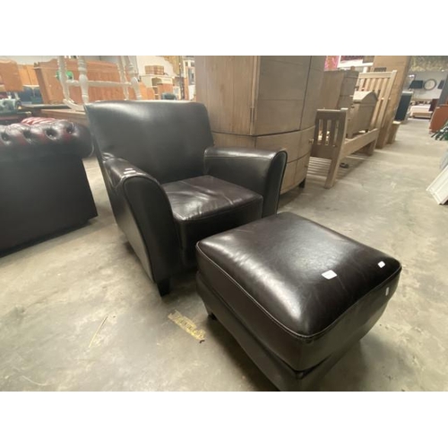 12 - Brown faux leather armchair (83W cm) & matching footstool (40H 50W 50D cm)