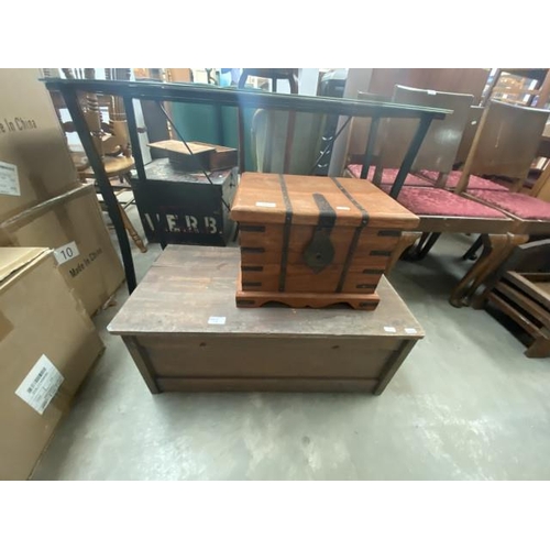 18 - Mexican pine trinket box (26H 37W 27D cm) & stained pine linen box (30H 74W 39D cm)