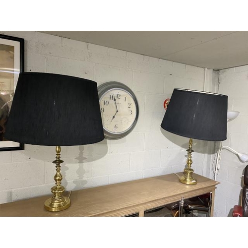 36 - Pair of solid brass table lamps with black shades (100H cm)