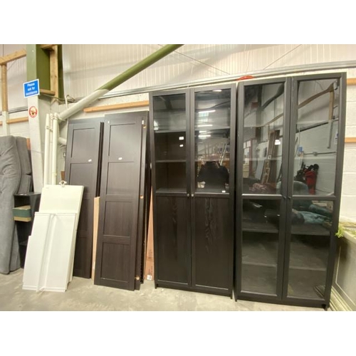 7 - 2 Black ash display units (202H 79W 30D cm) & IKEA 4 door black ash wardrobe (dismantled) etc