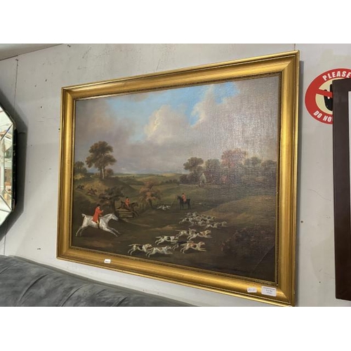 92 - Gilt framed oil on canvas of hunting scene (68x86cm)