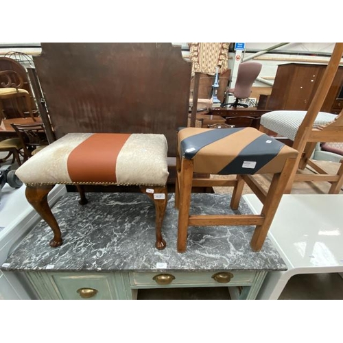 105 - Newly upholstered footstool (40H 48W 33D cm) & leather upholstered oak stool (44H 35W 30D cm)