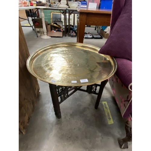 198 - Oriental brass charger side table (65H 58W 58D cm)