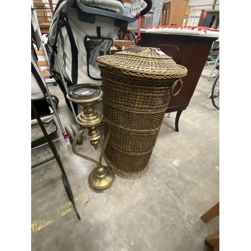 208 - Gilt candle stand & wicker linen basket (65H 40W 35D cm)