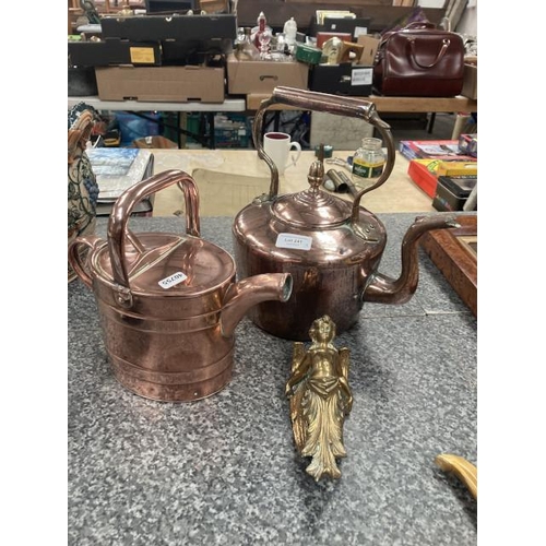 241 - Antique copper kettle, copper watering can & brass angel wall sconce