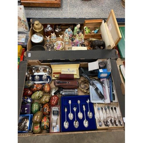 551 - 2 Boxes of good collectables inc. Pierre Fabre cased pens, boxed teaspoons, oriental figures, Waddin... 