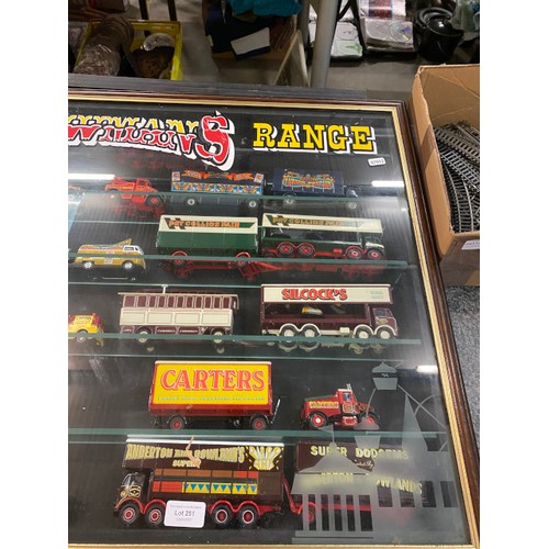 251 - 15 Corgi Showmans range inc. some original boxes & display case (display case 96W 66H 9D cm)