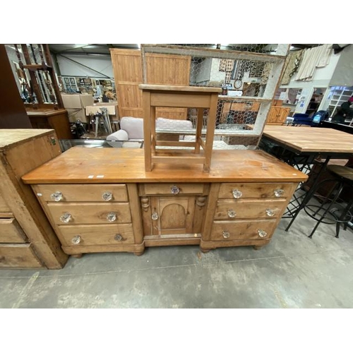 106 - Victorian pine sideboard (as found) (86H 183W 58D cm) & pine stool s(49H 43W 40D cm)