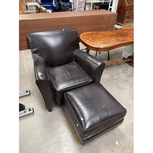 109 - Brown faux leather armchair (83W cm) & matching footstool (40H 50W 50D cm)