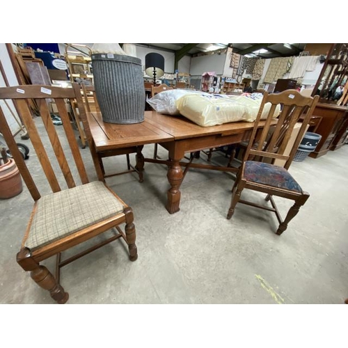 127 - Good quality oak drawer leaf table (76H 214W 107D cm) & 6 chairs 4+2