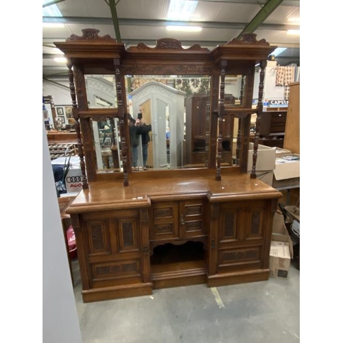 133 - Victorian carved oak mirror back sideboard (218H 180W 61D cm)