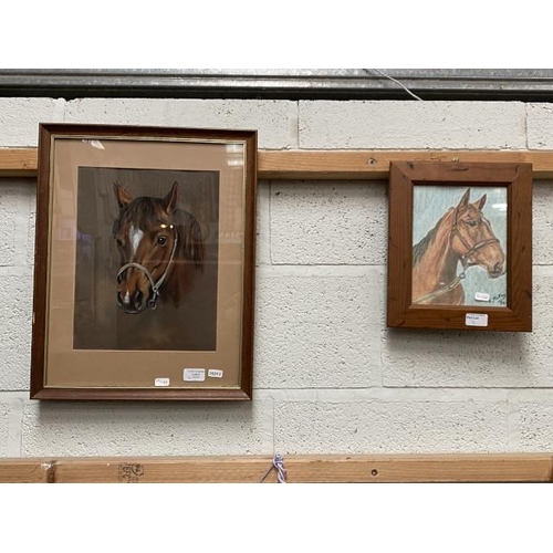 2 - Pine framed pencil drawing of a horse by B. Motley (31x26cm) & oak framed charcoal of a horse (49x39... 