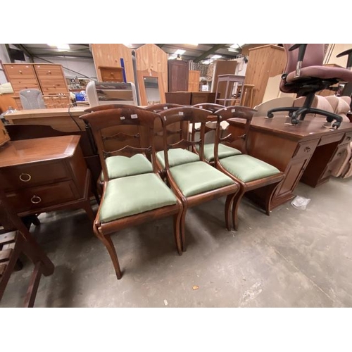 20 - 6 Regency mahogany sabre leg dining chairs (46W cm) (as found)
