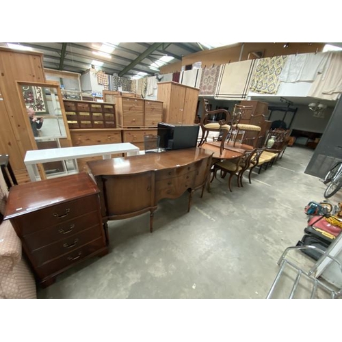 23 - Mahogany Strongbow serpentine sideboard (86H 168W 51D cm) & mahogany extending dining table (76H 183... 
