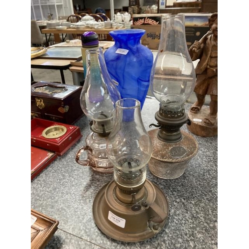 232 - 3 Vintage oil lamps with glass funnels