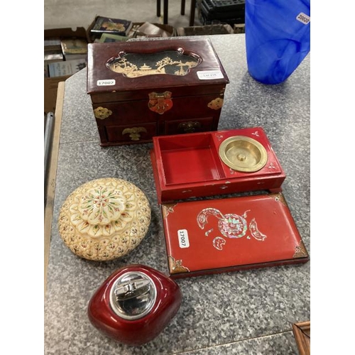 235 - Vintage camel bone opium box, oriental red lacquered box with matching lighter & Chinese brass bound... 