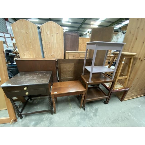 44 - Oak barley twist 2 drawer side table (78H 65W 50D cm), mahogany piano stool (55H 63W 35D cm), oak tr... 