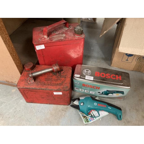 442 - Boxed Bosch cordless secatur & 2 vintage metal jerry cans