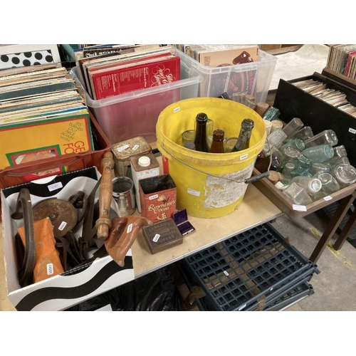 453 - Quantity of collectables inc. vintage bottles, tins, hand tools etc