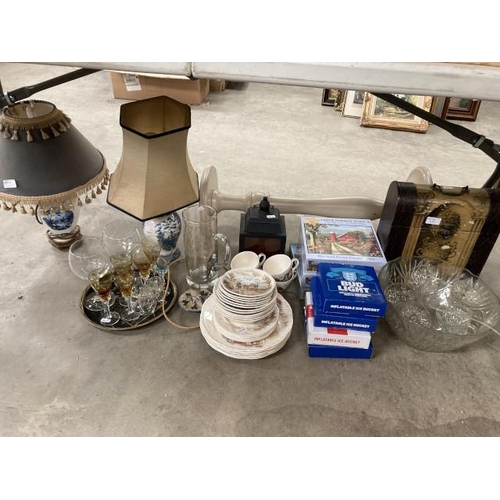 458 - 2 Blue & white table lamps, punch bowl, jigsaws, part Devonshire Road tea set, water jug etc