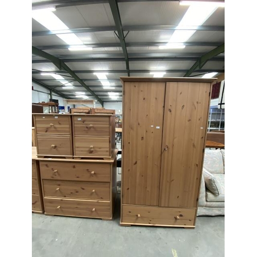 47 - Pine 2 door wardrobe (198H 109W 59D cm), pair of matching 2 drawer bedside chests (62H 53W 36D cm) &... 