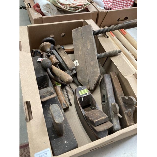 478 - Box of vintage tools inc. planes (signs of worm)