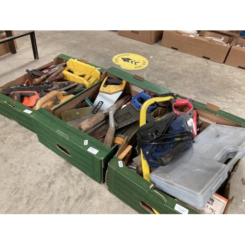 485 - 3 Boxes of workshop tools inc. Stanley saw, Challenge Xtreme, PBS900B sander etc