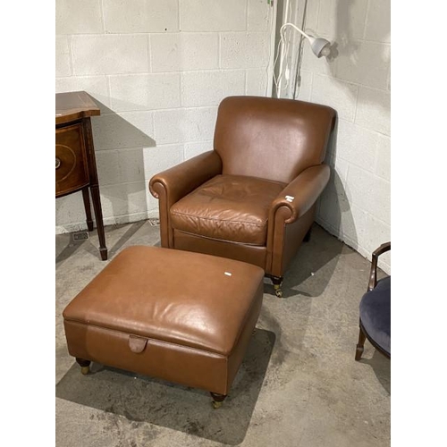 57 - Tan leather chair (85W cm) & matching footstool (35H 68W 56D cm)