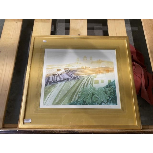 64 - Gilt framed pencil signed Robert Barnes coloured etching, Mediterranean Landscape 8/100 (65x73cm)