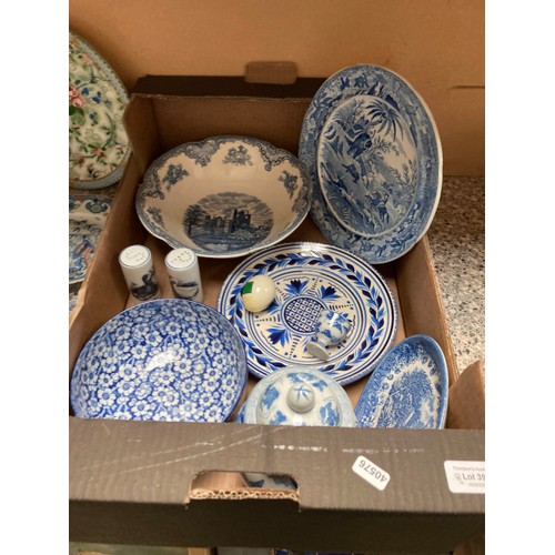 393 - Assorted blue & white inc. old Britain castles, Churchill, ironstone china etc