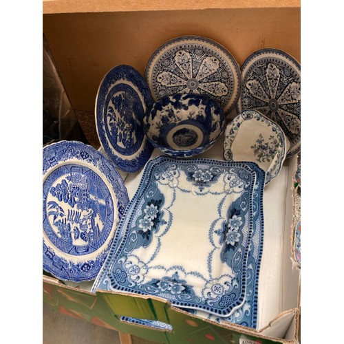 393 - Assorted blue & white inc. old Britain castles, Churchill, ironstone china etc