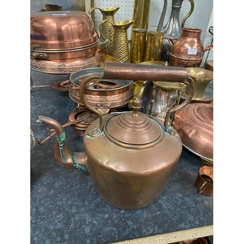 352 - Collection of antique brass & copper wares inc. copper pans, trivet, kettle, letter rack, 4 brass sh... 