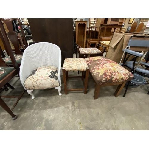 153 - Lloyd Loom style bedroom chair (52W cm) & 2 upholstered stools (47H 33W 37D & 48H 65W 47D cm)