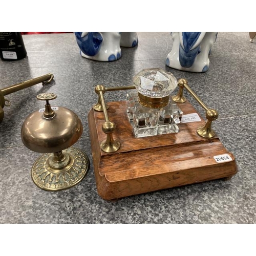 205 - Brass counter shop bell & Edwardian oak & cut glass inkwell with brass gallery