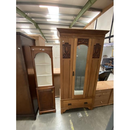 22 - Edwardian satin wood mirrored wardrobe (196H 99W 46D cm) & mahogany corner cabinet (167H 43W 23D cm)