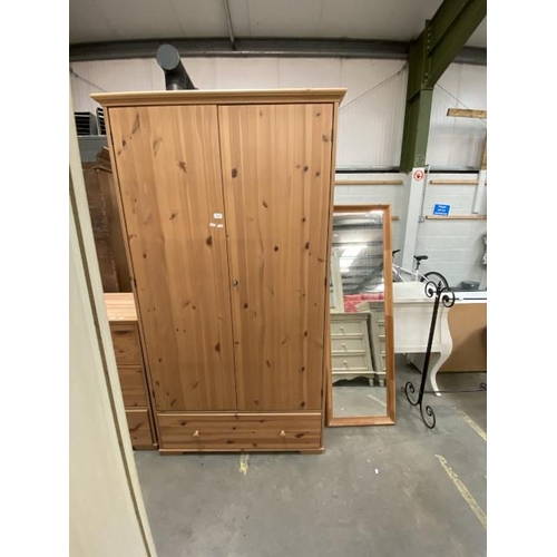 25 - Pine 2 door wardrobe (197H 109W 60D cm) & pine frame dressing mirror (160x50cm)