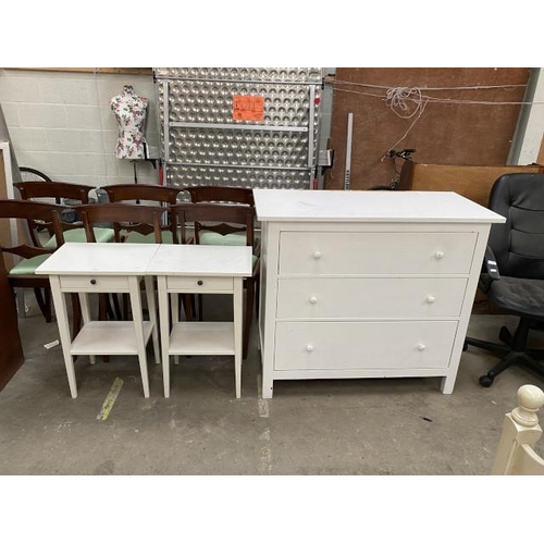 28 - Pair of white single drawer bedside cabinets (70H 46W 35D cm) & painted pine 3 drawer chest (197H 11... 