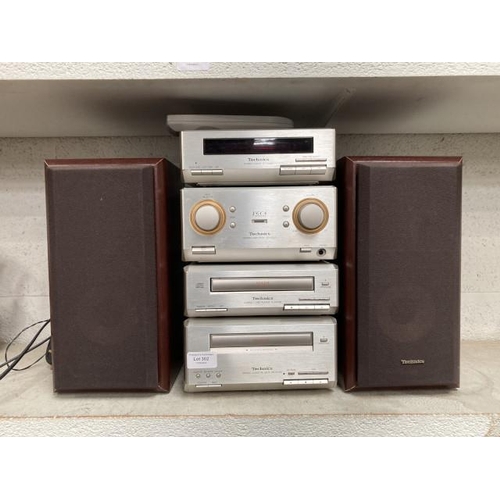 Technics stereo cassette deck RS-HD350, compact disc player SL-HD350 stereo amplifier SE-HD350 & stereo tuner ST-HD350 with pair of speakers & remote