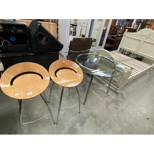 36 - Pair of beech & chrome bar stools (84H 44DIAM cm) & contemporary glass & chrome table (73H 105DIAM c... 