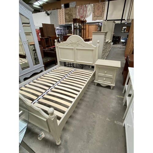 37 - Shabby chic double bed frame with side rails & lats & matching 2 drawer bedside chest (70H 60W 45D c... 