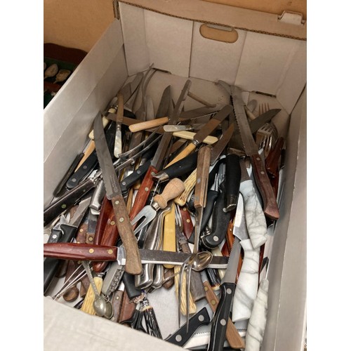 352 - Tray of lighters inc. Ronson, Colibri, Zenith etc & box of mixed cutlery inc. chef knives, horn hand... 