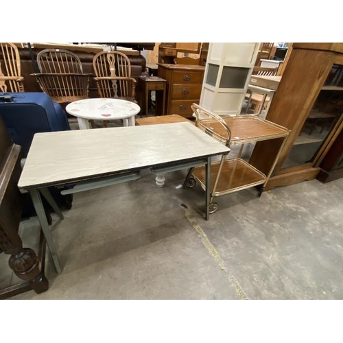 125 - Mid century school desk (60h x 91w x 46d cm) and a vintage tea trolley 75H 66W 37D